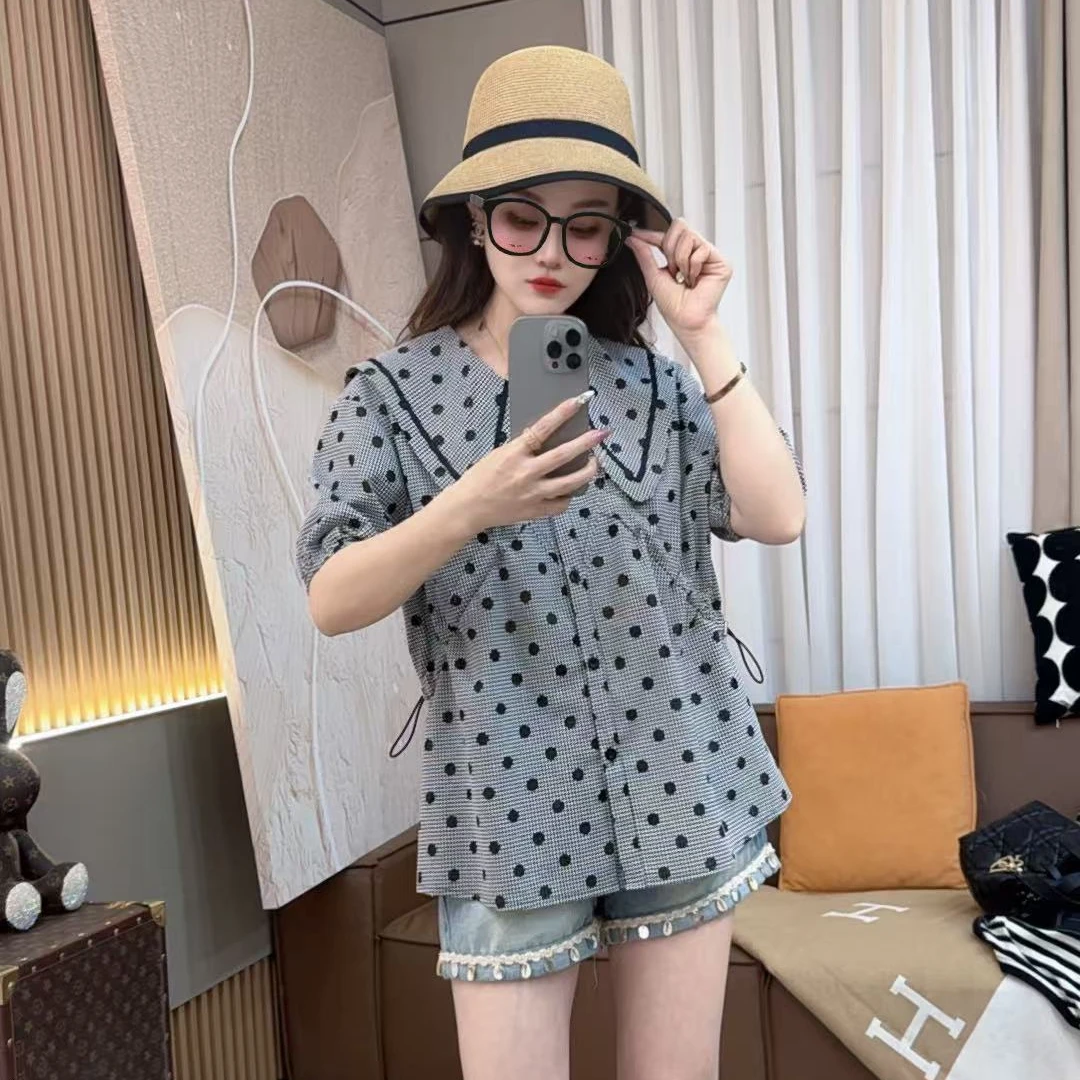 夏季格子洋气波点海军领衬衫上衣减龄甜美显瘦时尚宽松韩版设计感