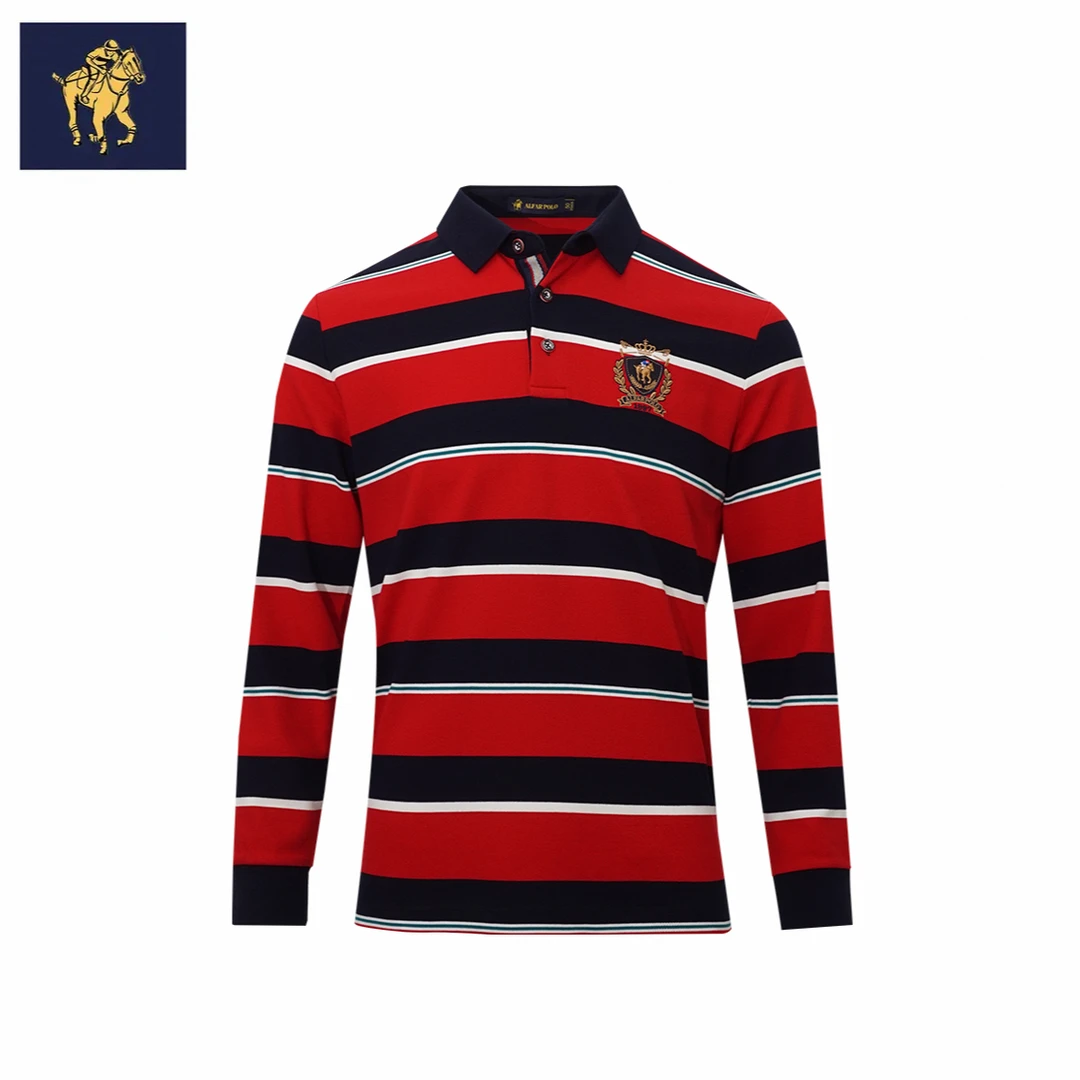 条纹商务休闲翻领长袖男式马标刺绣Polo衫常规撞色男子时尚新款