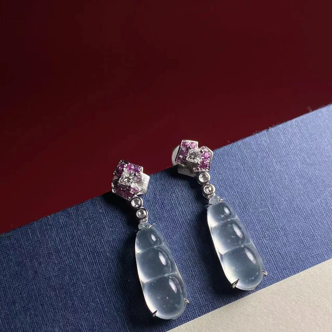 高定 天然A货翡翠/18K金镶嵌/翡翠豆子耳钉