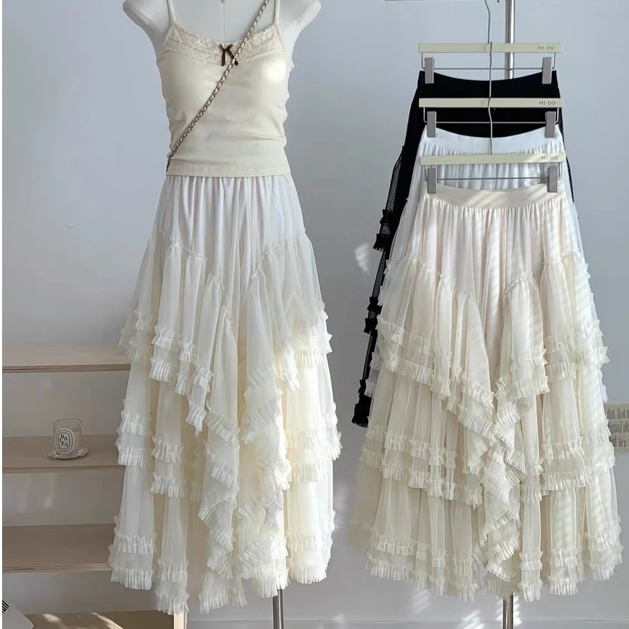 白色拼接不规则蕾丝半身裙女春秋冬2025新款芭蕾风蛋糕裙网纱长裙