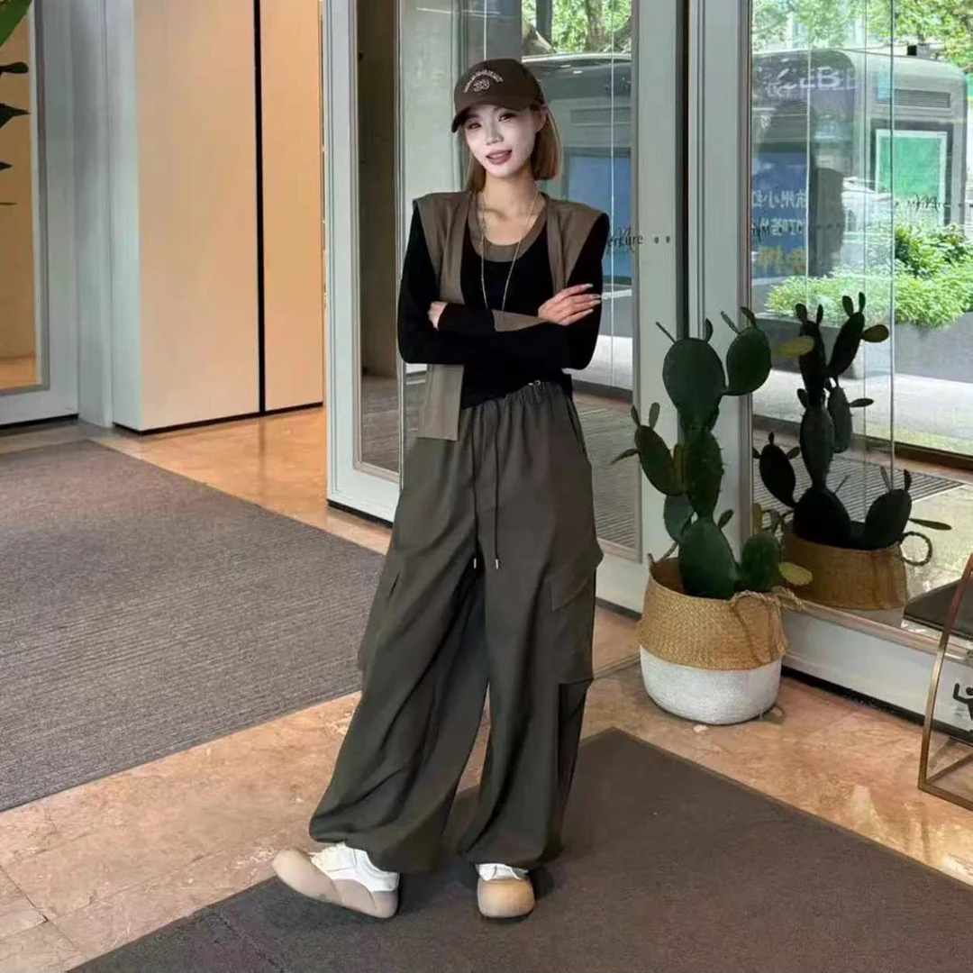 6160【衣长50裤长98】休闲带披肩撞色T恤套装宽松显瘦工装裤三件套