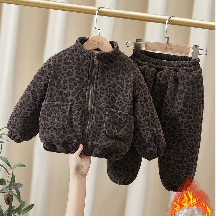 男女童加绒套装韩版2025新款秋冬季儿童宝宝洋气加厚豹纹外套棉服
