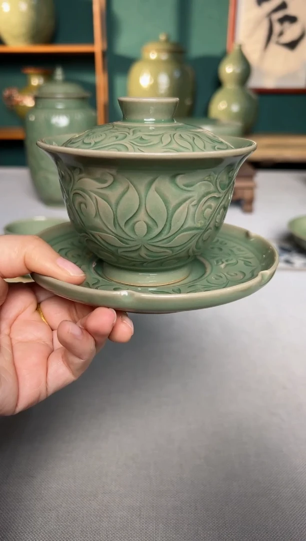 【闪购商品】其他耀州窑纯手工缠枝莲纹元宝三才盖碗