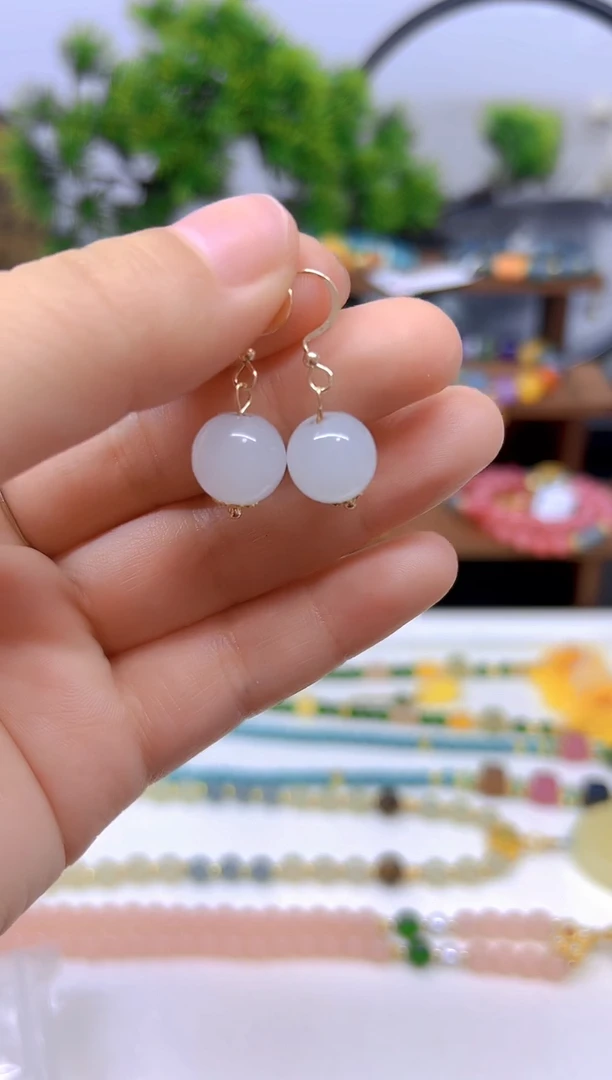 和田玉（白玉）14K金镶嵌耳饰E04