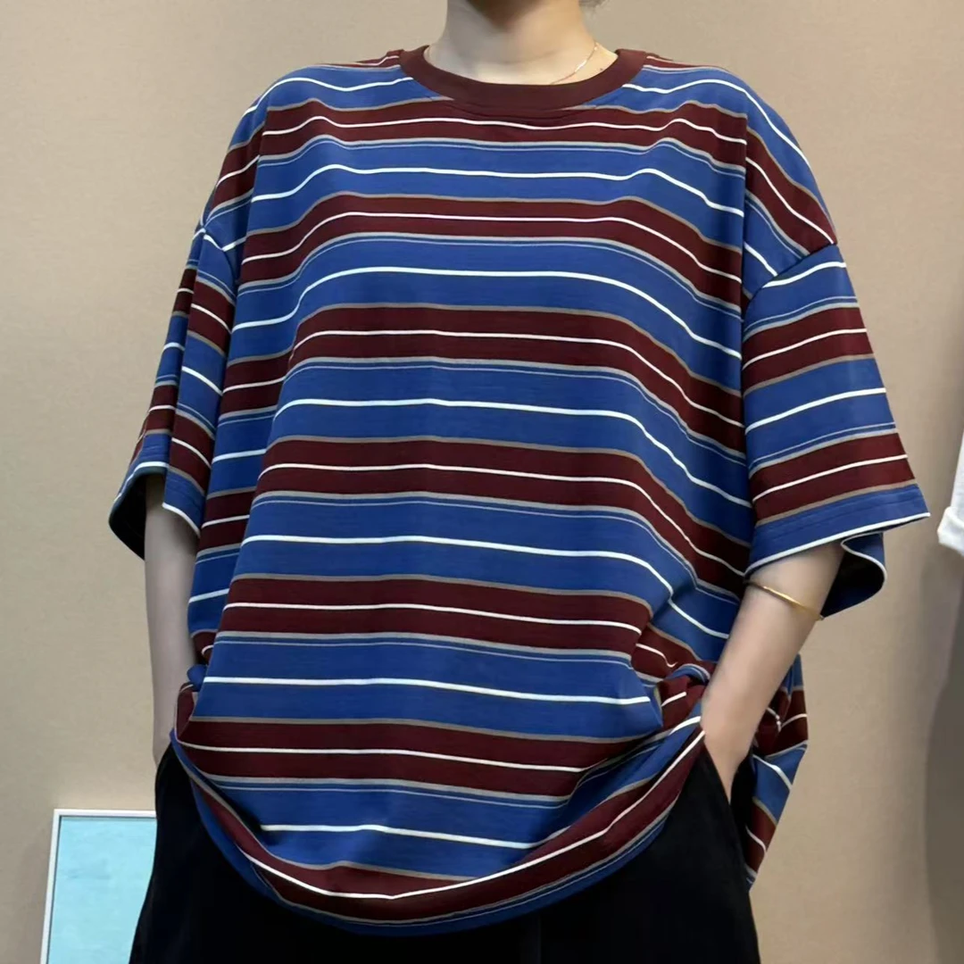 棉料复古蓝红条纹短袖t恤女