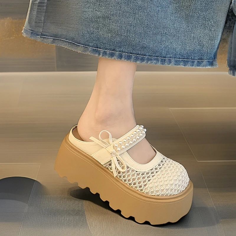 夏季高跟休闲小众蝴蝶结镂空包头拖网红时尚百搭透气坡跟圆头厚底