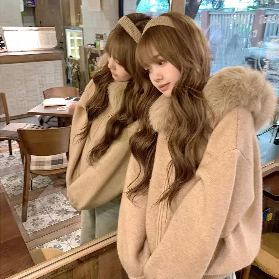 【大毛领毛衣】开衫外套女秋冬宽松显瘦软糯针织衫