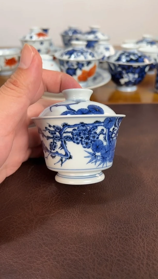 照夜白青花松竹梅盖碗