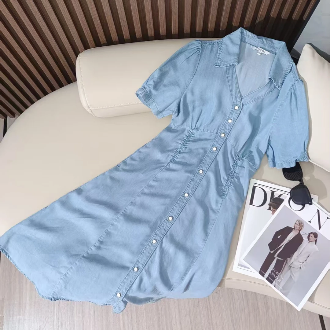 时尚优雅气质复古收腰V领猫眼扣女牛仔连衣裙(C4-3)Q2506