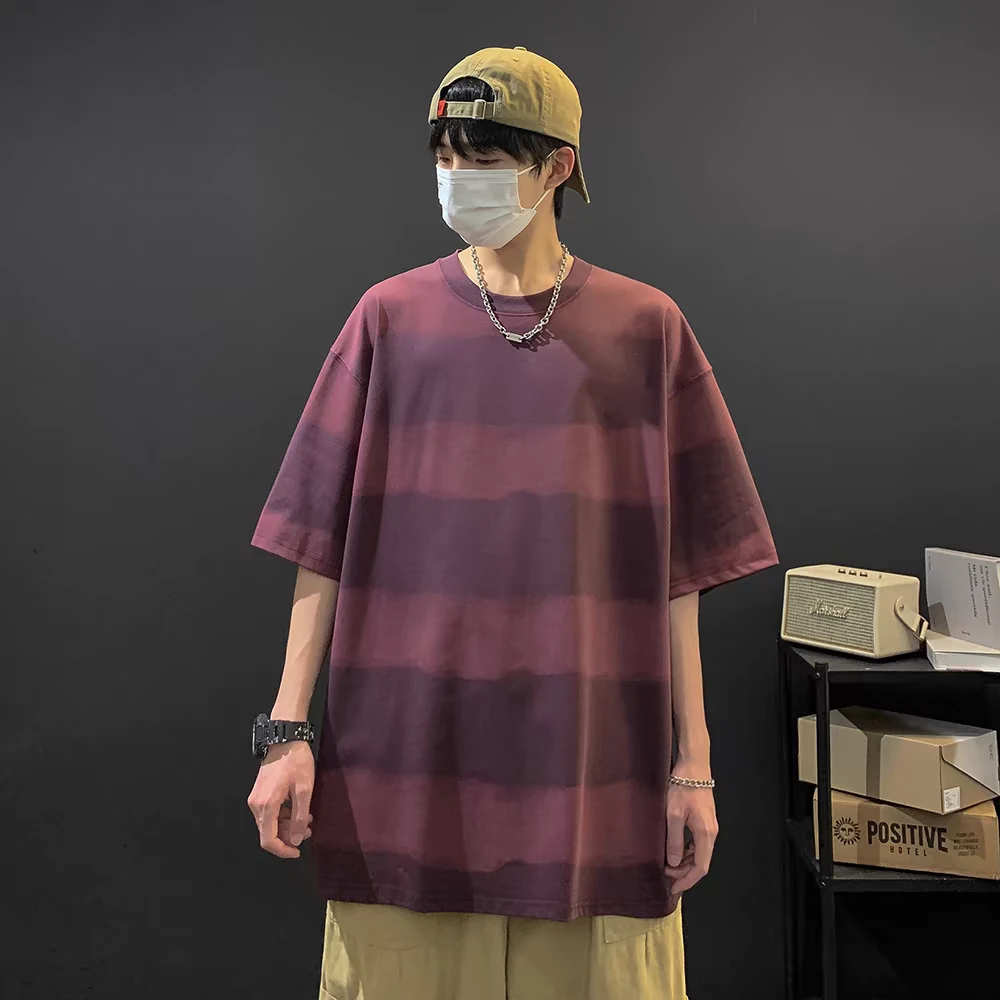 撞色拼接条纹圆领短袖t恤男夏纯棉体恤潮牌宽松休闲百搭套头上衣