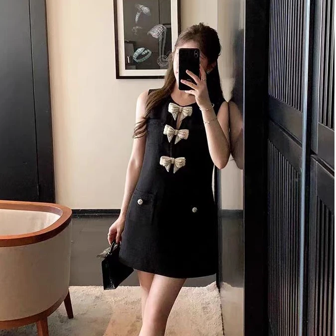 蝴蝶复古小香风收腰无袖气质夏季法式显瘦洋气旗袍连衣裙裙子