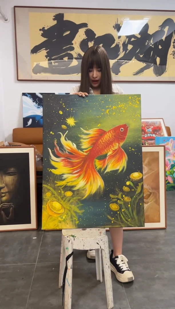 丙烯画温****阀珊珊老师金鱼不加框