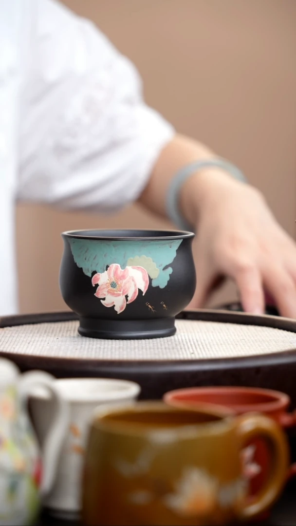 茶壶紫砂黑色将军杯荷花