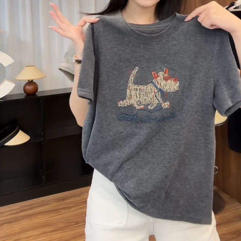 【线条小狗】春夏新款韩版风正肩短袖T恤女款时尚百搭LK2501730