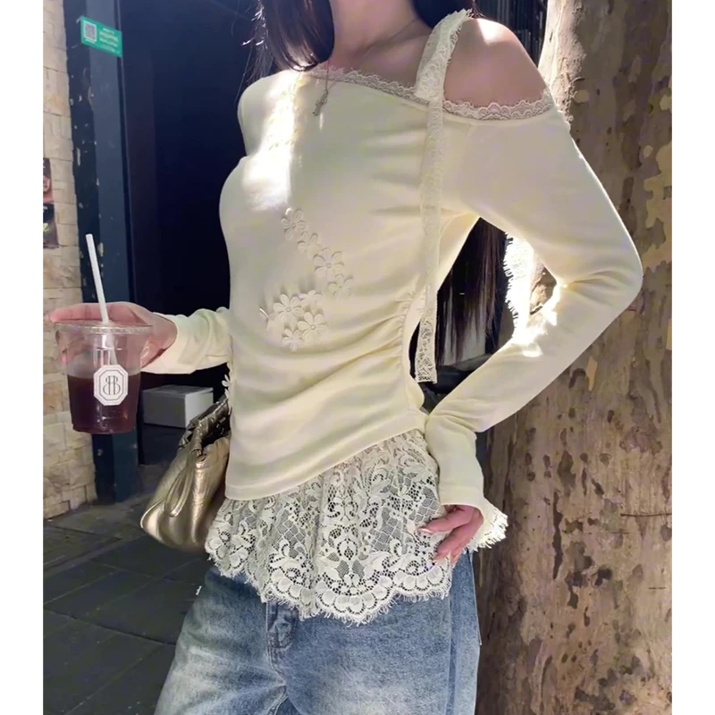 YIDENG韩系拼接蕾丝立体花朵斜肩修身长袖T恤女早秋新款气质上衣