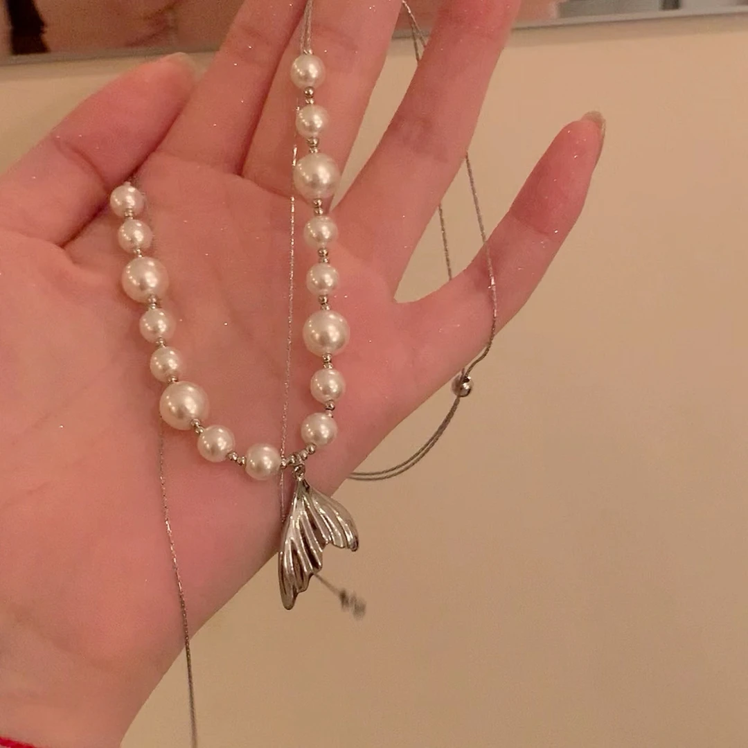 铜合金项链 X0023余生有你法式鱼尾吊坠可调节高级感贵气珠珠项链