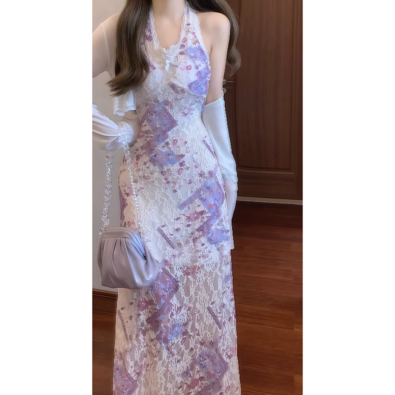 【漓沫】夏季法式绝美蕾丝印花挂脖连衣裙无袖修身气质长裙9663