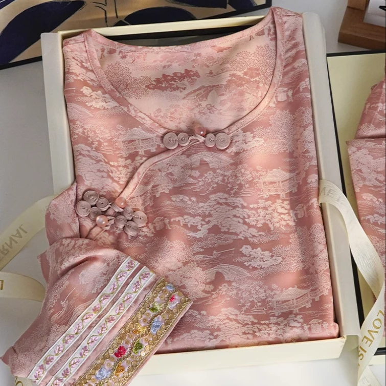 新中式刺绣睡衣女夏季冰丝透气复古中国风民族古装提花家居服薄款