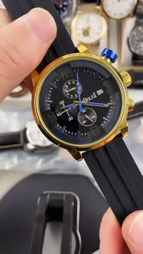 石英机芯锻造碳钢黑带金圈黑盘宝丽时