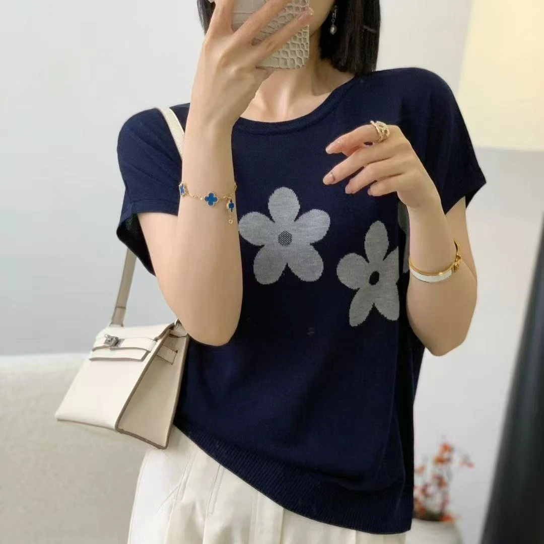 莱赛尔100小雏菊提花刺绣2025夏季新款显瘦针织衫薄短袖女T恤上衣