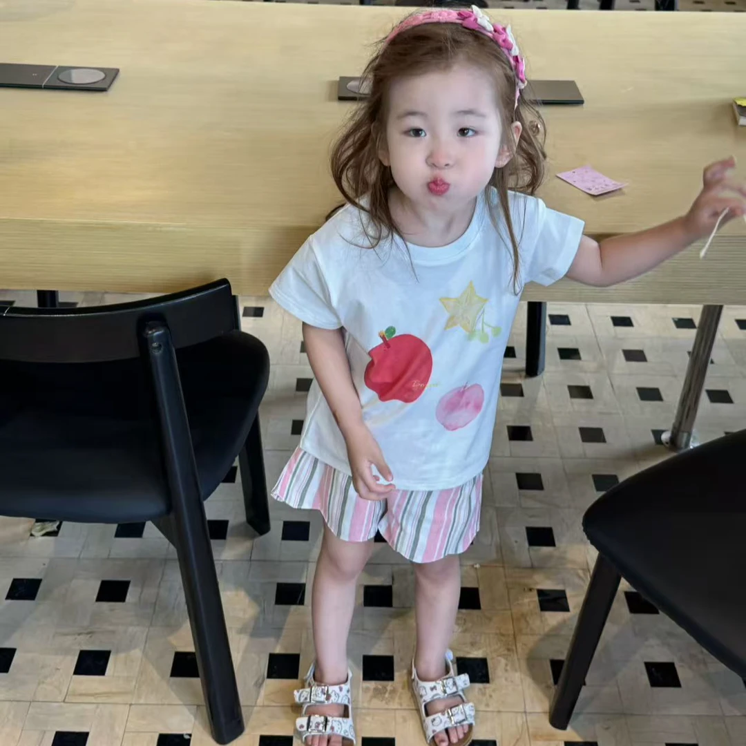 小思家2025夏季新款韩版休闲百搭女童套装卡通短袖T恤彩条短裤