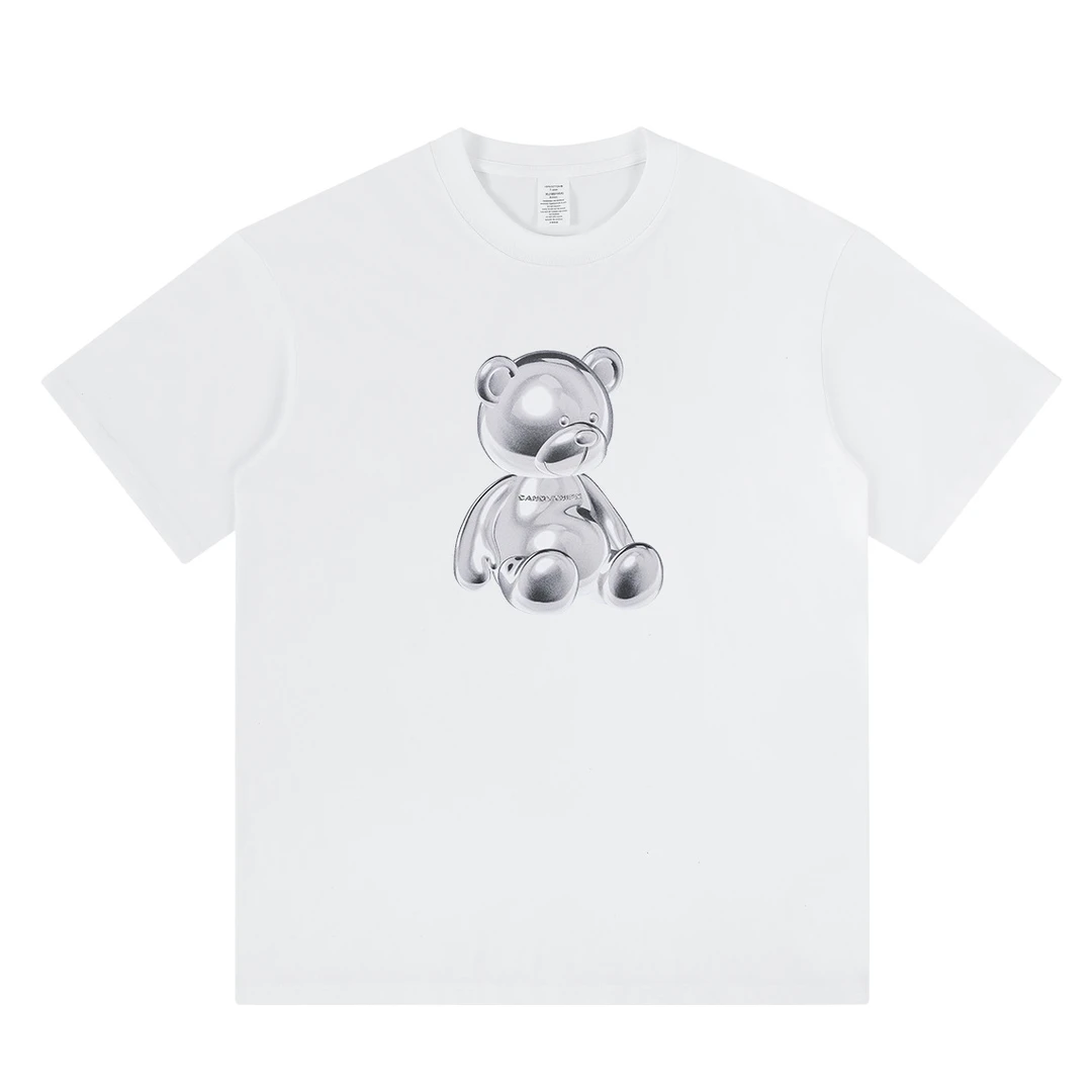 潮流高级感金属光泽小熊印花短袖百搭情侣款宽松上衣复古男女T恤