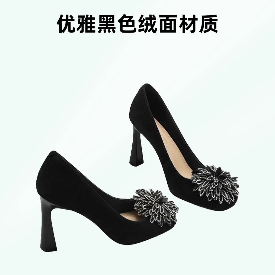 高档水钻黑色高跟鞋女新款职场春秋浅口气质方头轻便宴会女士单鞋