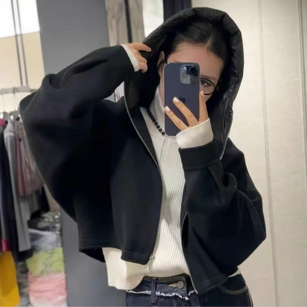 8975#秋冬新款拼接加厚连帽短款外套休闲洋气欧货