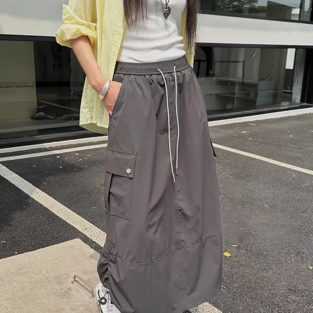 抽绳口袋字母设计工装半身裙