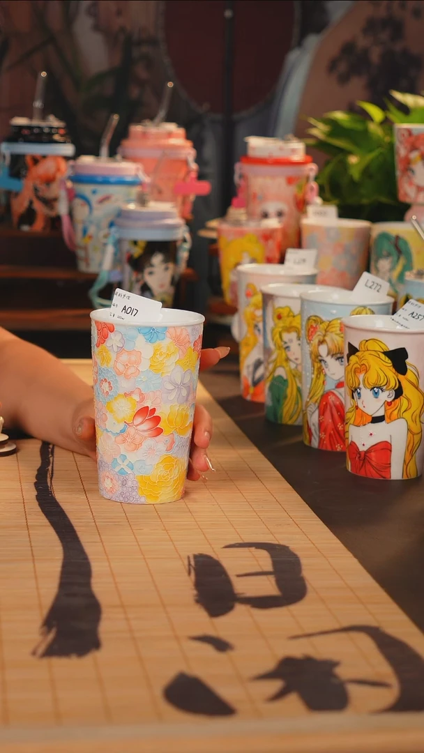 万花文创类全手工手绘制品可乐杯
