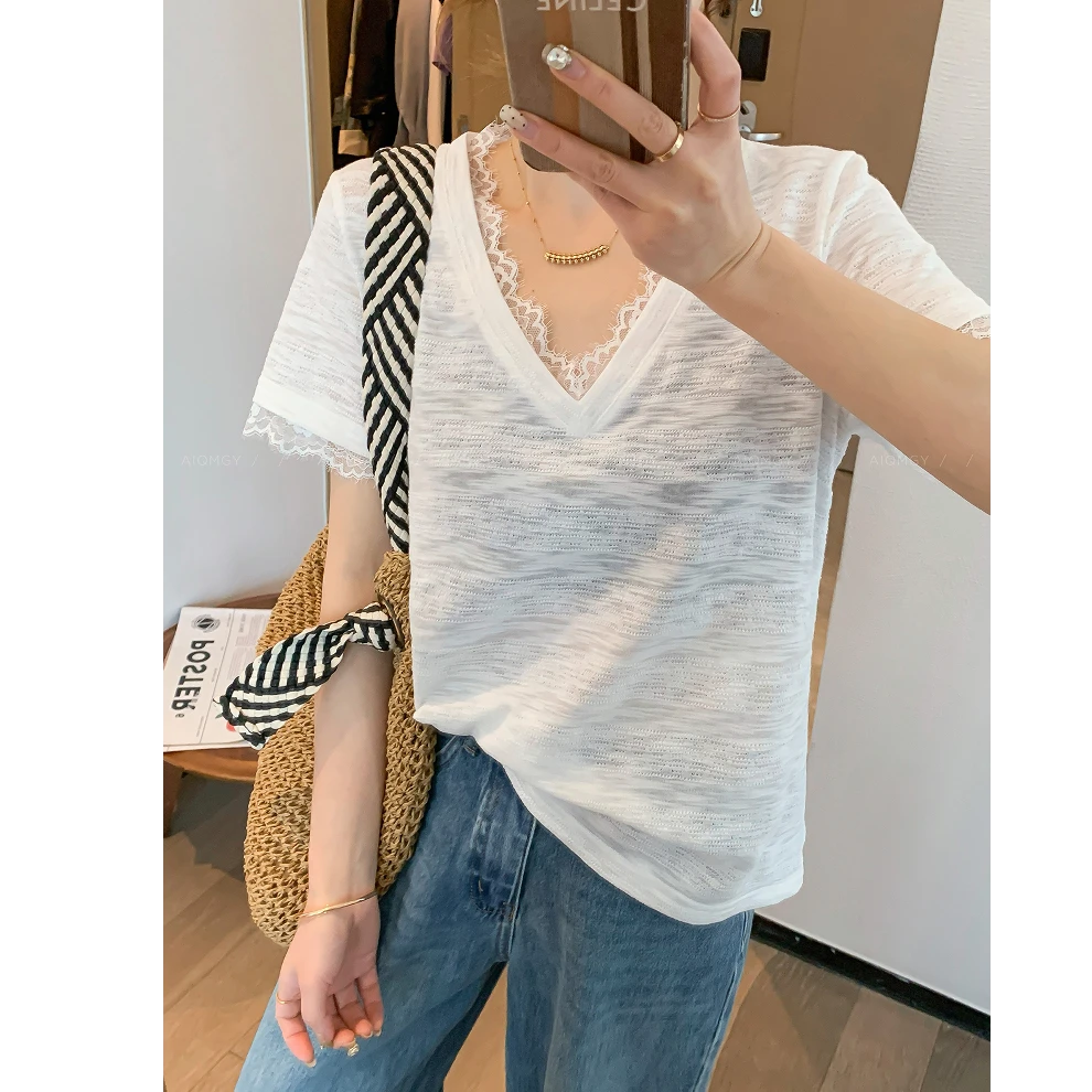 欧货白色V领设计感蕾丝拼接T恤女2025夏季新款宽松短袖上衣打底衫