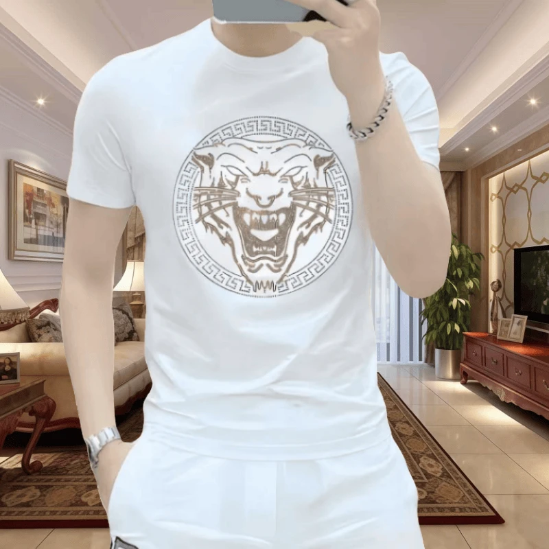 夏季轻奢休闲夏季百搭修身男士修身冰丝T恤虎头时尚短袖圆领上衣