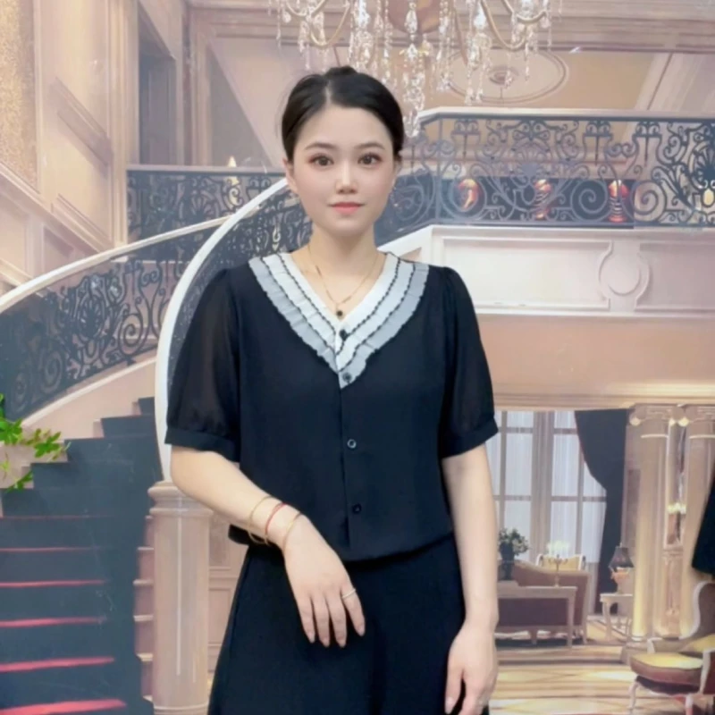 洋气短袖T恤女2025夏季妈妈装花边领时尚小衫纯色宽松显瘦上衣女