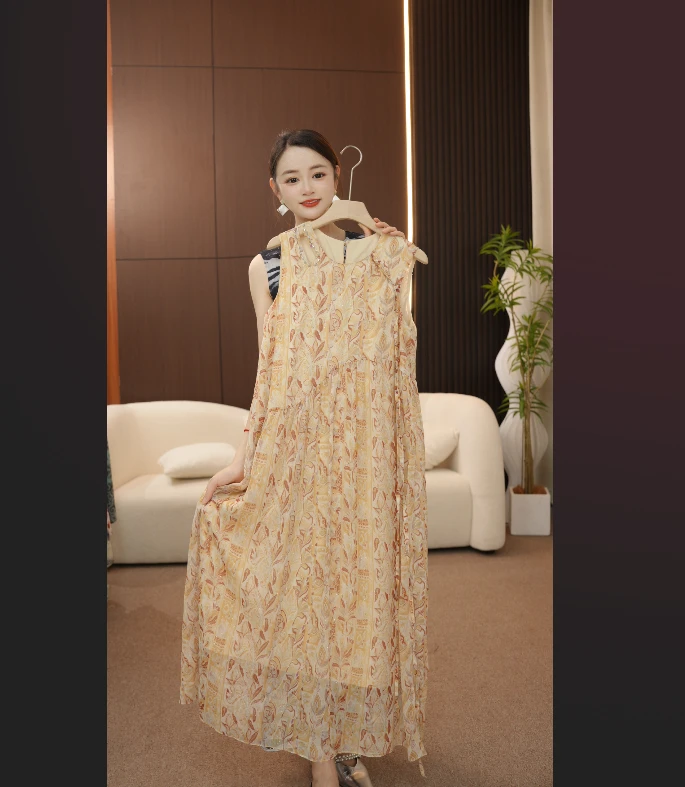 【小凌子】通勤风大摆裙印花圆领夏季连衣裙Y260244