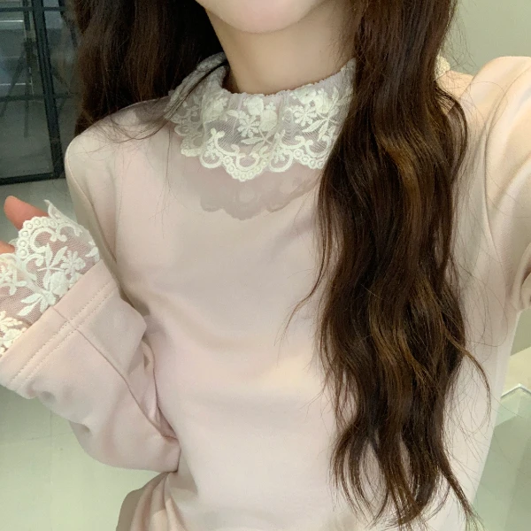 Berry 喜你而欢大庞定制 刺绣花边领蕾丝打底衫修身百搭显瘦上衣
