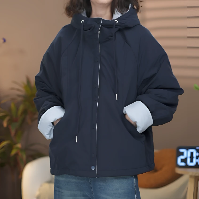2025韩版冬季宽松连帽撞色休闲百搭时尚保暖插肩袖棉衣棉服女