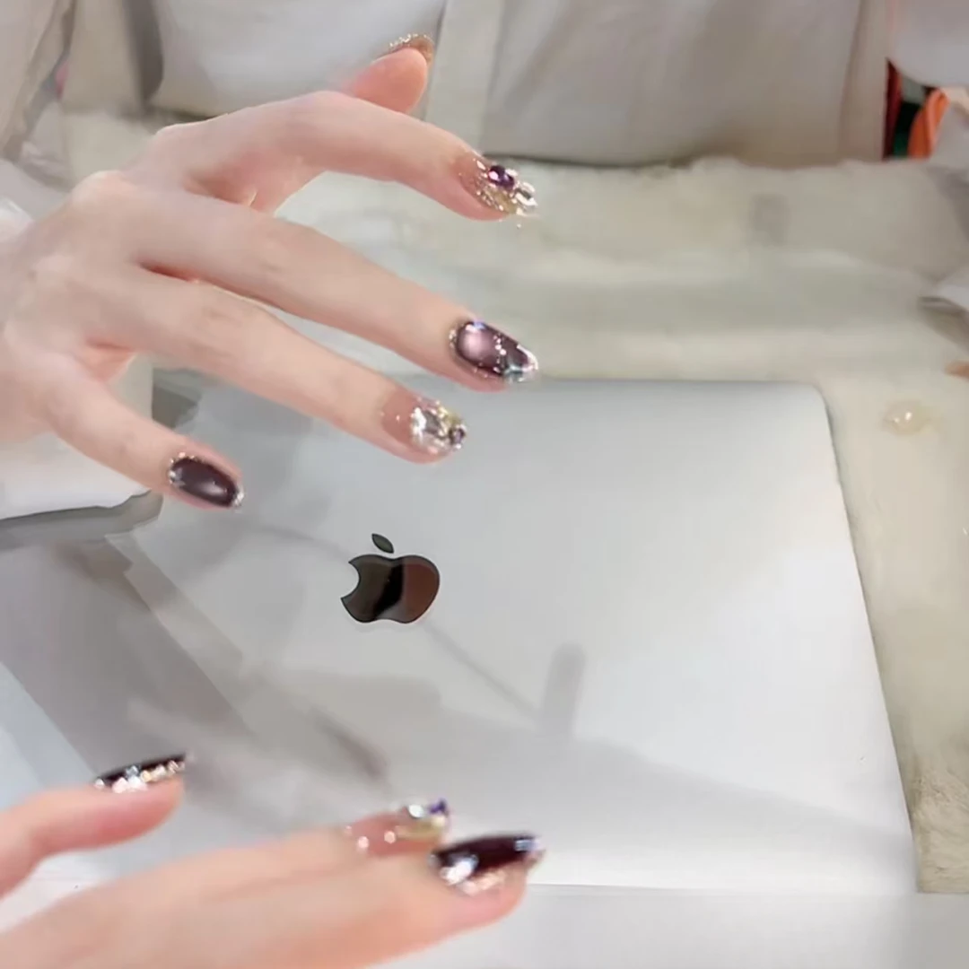 JDD【暗夜紫】时尚新款秋冬爆闪显白高级感纯手工美甲穿戴甲片轻奢