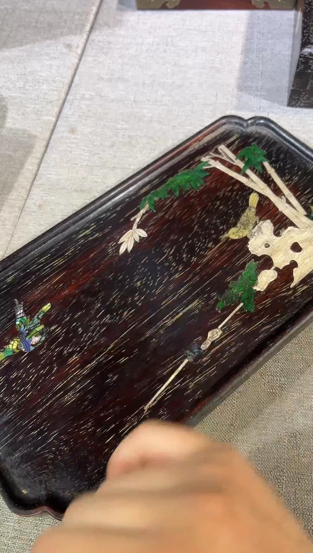 木紫檀雕刻竹子鸟茶盘