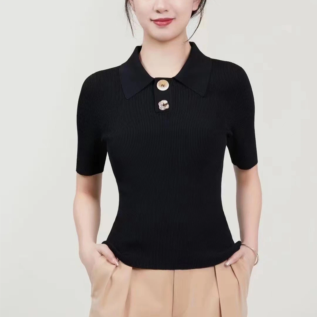 【商场同款】POLO领冰丝针织衫竖坑条百搭休闲短袖翻领T恤女1399622