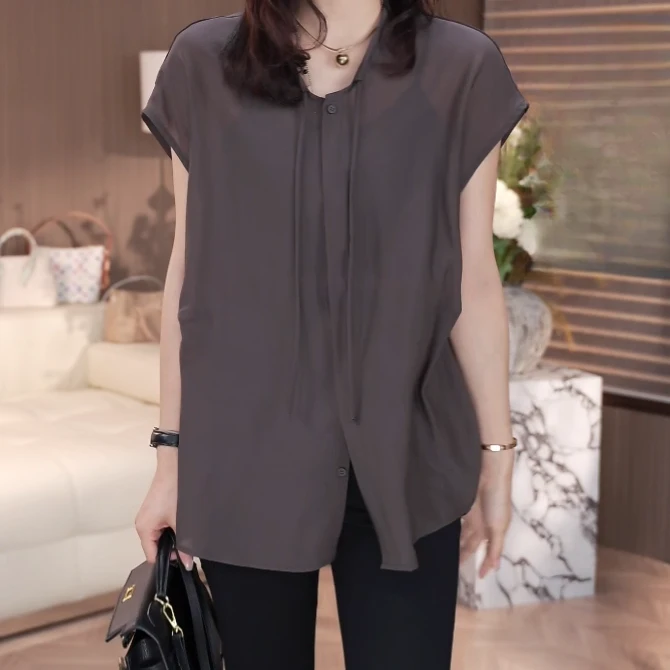 高端欧货圆领系带压褶设计感上衣C5308