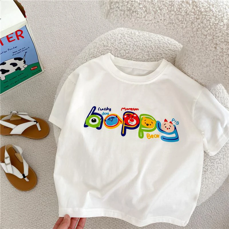 儿童白t恤夏季棉休闲半袖男童宽松圆领韩版T恤宝宝洋气印花打底衫