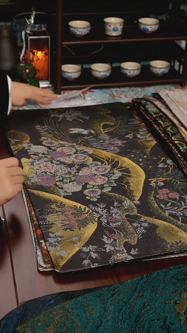 【西阵织金枝白鹭紫双面】中国风干泡织锦茶席33*65