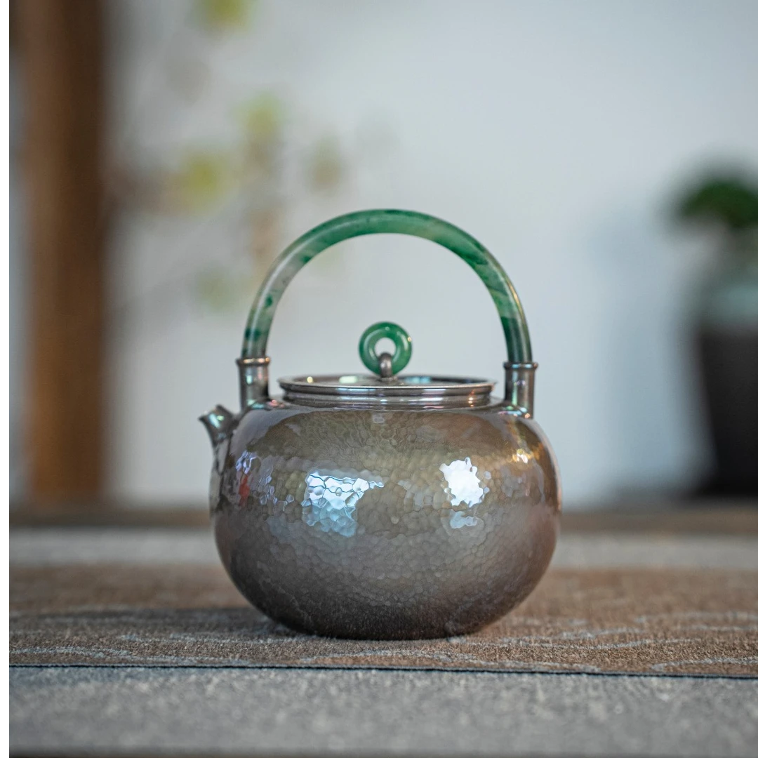 芸术云艺堂 足银999一张打泡茶壶家用紫皮玉柄平丸银壶王朝军孤品