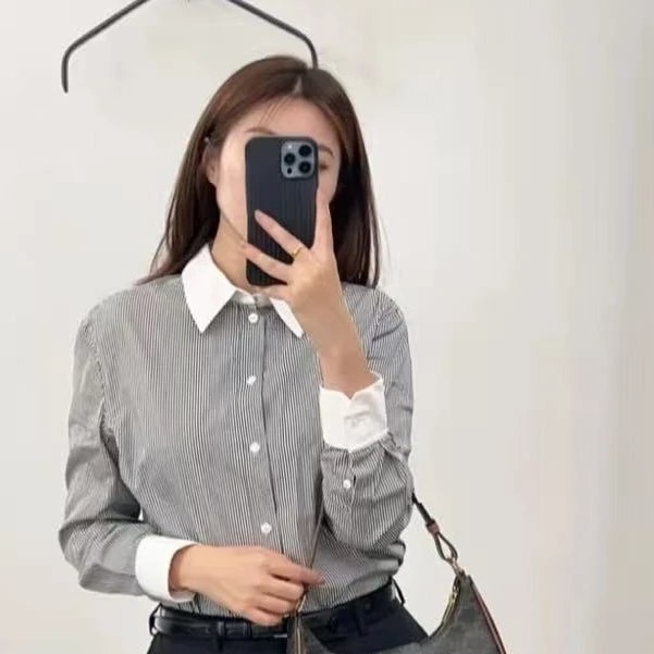 未使用 Celine/思琳 黑蓝竖纹长袖衬衫/38