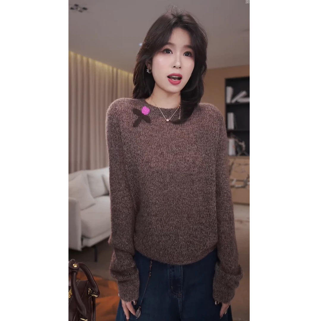 广州琴姐【旷野焙暖】刺绣花朵套头长袖圆领毛衣针织衫女秋款4604