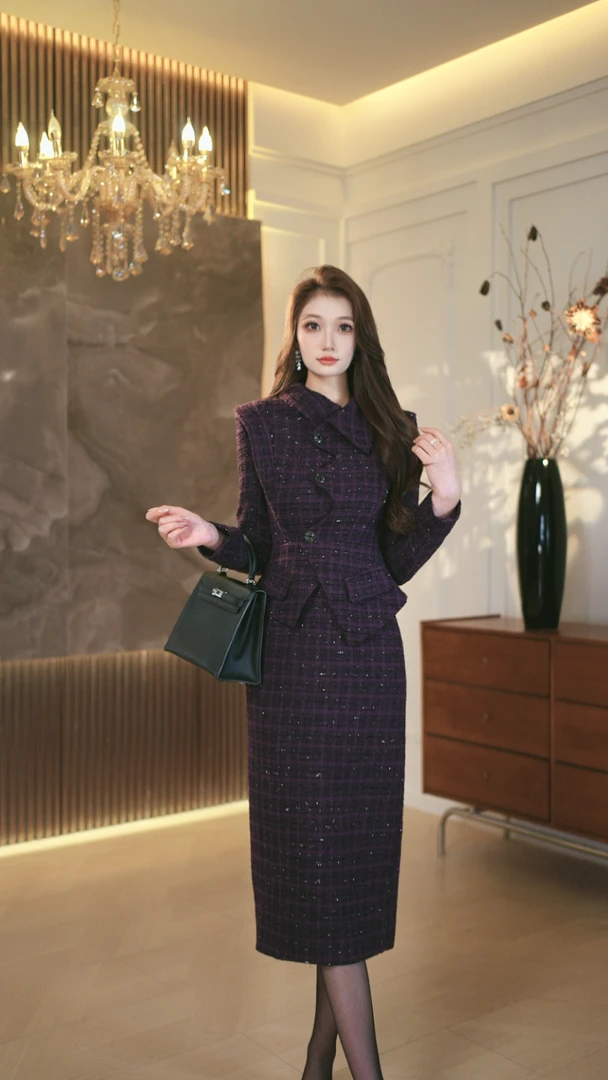罗曼定制  原创设计时尚套装设计师格子小香风显瘦修身气质复古