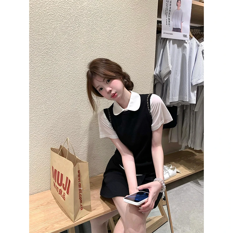 女生韩系洋气衣服气质黑色马甲背心女短袖衬衫上衣高腰显瘦半身裙
