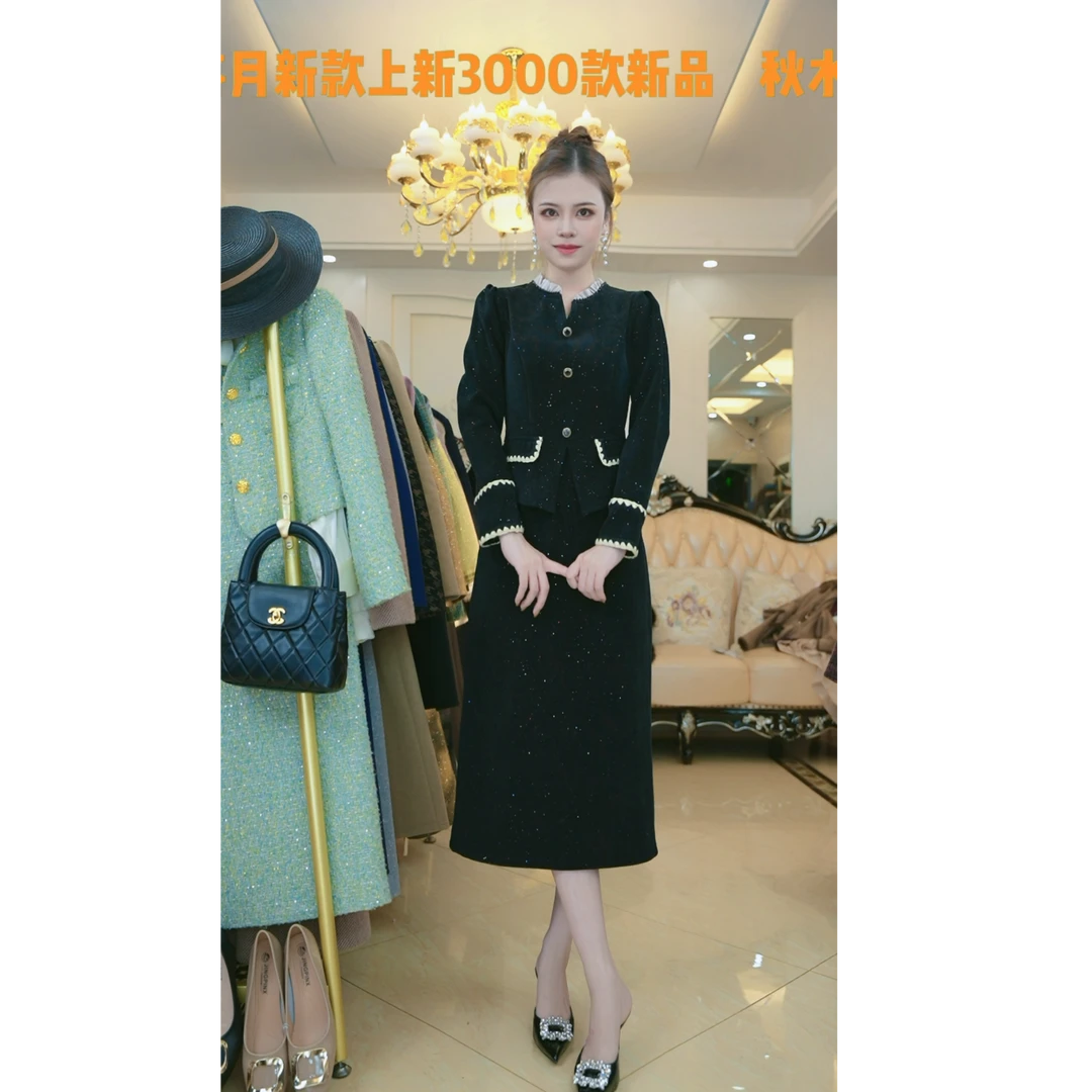 新款气质修身显瘦洋气时尚秋冬中长款假两件连衣裙6014