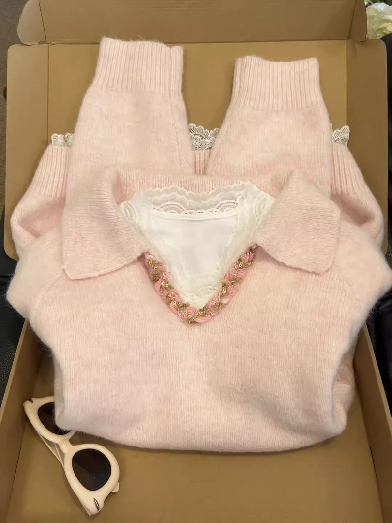 自留款推荐~粉色亮片POLO领长袖针织衫女冬季新款温柔风慵懒毛衣