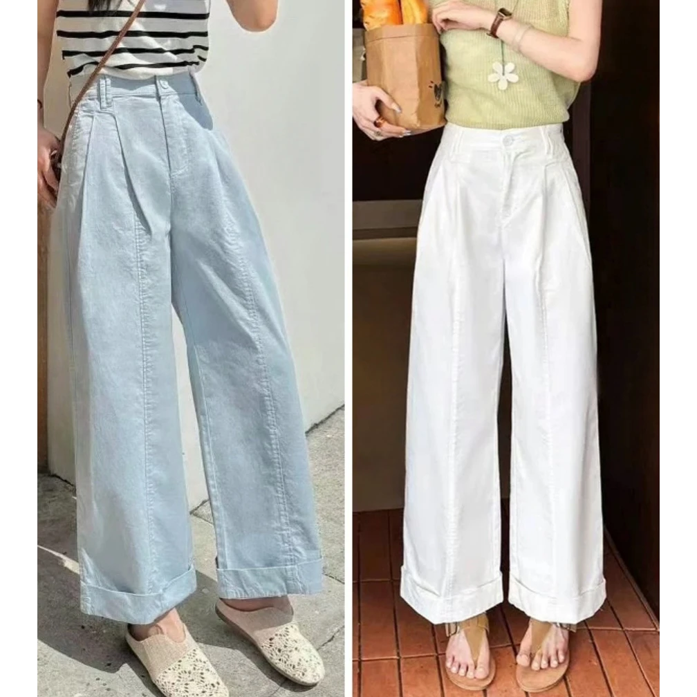 夏季新款卷边高腰阔腿裤女九分裤直筒牛仔休闲裤显瘦薄款宽松时尚